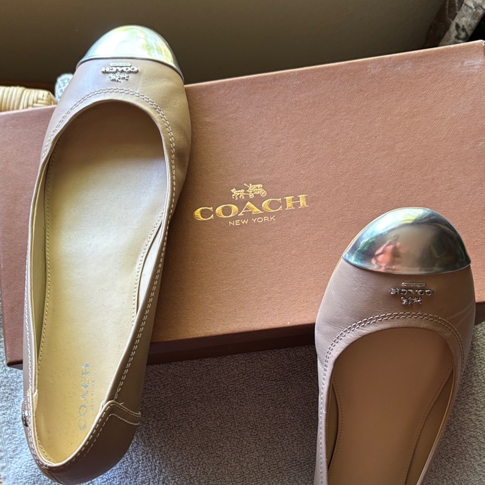 Coach Tan Leather Ballet Flats with Metallic Silver Cap Toe
